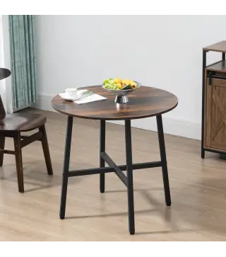 Mesa de Comedor Redonda Mesa de Cocina para 4 Personas con Patas de Acero para Salón Ø80x76 cm Marrón Rústico y Negro