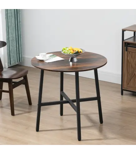 Mesa de Comedor Redonda Mesa de Cocina para 4 Personas con Patas de Acero para Salón Ø80x76 cm Marrón Rústico y Negro