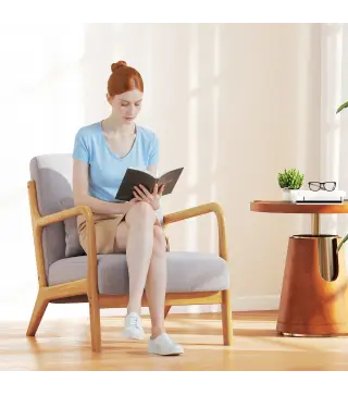 Butaca Nórdica Sillón de Salón Acolchado con Reposabrazos Cojín y Marco de Madera de Caucho 61x78x76 cm Gris