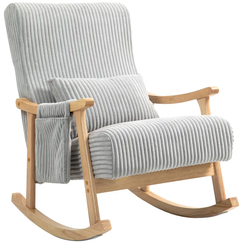 Silla Mecedora de Pana con Patas y Reposabrazos de Madera de Caucho Cojín Lumbar y Bolsillo Carga 120 kg Gris Silla Mecedora de Pana con Patas y Reposabrazos de Madera de Caucho Cojín Lumbar y Bolsillo Carga 120 kg Gris