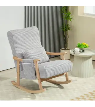Silla Mecedora de Pana con Patas y Reposabrazos de Madera de Caucho Cojín Lumbar y Bolsillo Carga 120 kg Gris