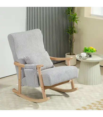 Silla Mecedora de Pana con Patas y Reposabrazos de Madera de Caucho Cojín Lumbar y Bolsillo Carga 120 kg Gris