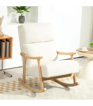 Silla Mecedora de Borreguito con Patas y Reposabrazos de Madera de Caucho Mecedora para Lactancia Carga 120 kg Crema