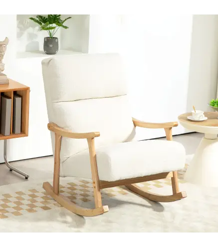 Silla Mecedora de Borreguito con Patas y Reposabrazos de Madera de Caucho Mecedora para Lactancia Carga 120 kg Crema