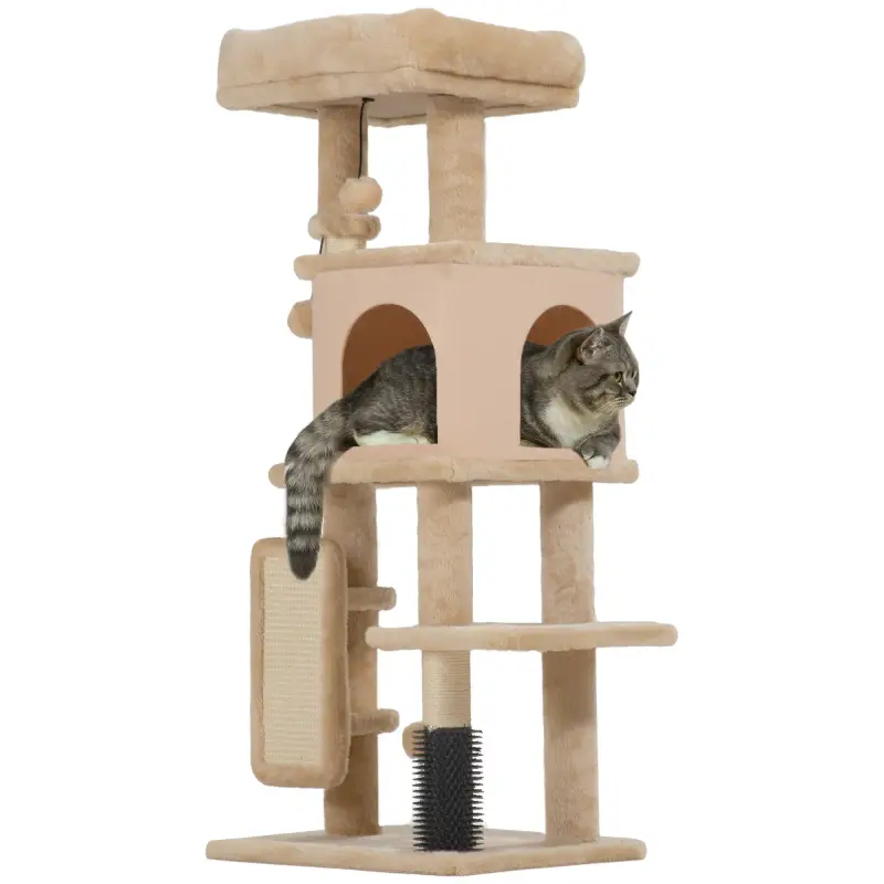 Árbol Rascador para Gatos Altura 104cm con Plataformas Poste con Cepillo Bolas Colgantes y Almohadilla para Rascar Beige