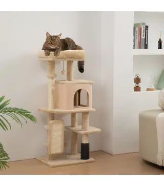 Árbol Rascador para Gatos Altura 104cm con Plataformas Poste con Cepillo Bolas Colgantes y Almohadilla para Rascar Beige