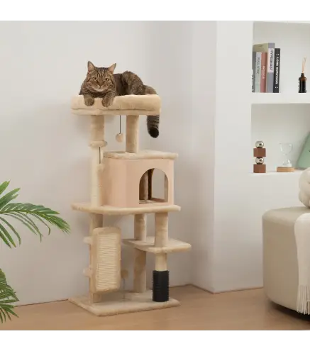 Árbol Rascador para Gatos Altura 104cm con Plataformas Poste con Cepillo Bolas Colgantes y Almohadilla para Rascar Beige