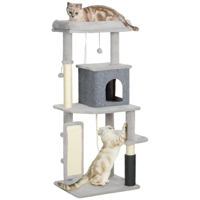 Árbol Rascador para Gatos 132 cm con Plataformas Poste con Cepillo Bolas Colgantes y Almohadilla para Rascar Gris Claro