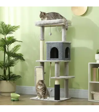 Árbol Rascador para Gatos 132 cm con Plataformas Poste con Cepillo Bolas Colgantes y Almohadilla para Rascar Gris Claro