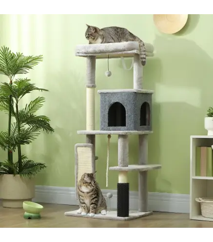 Árbol Rascador para Gatos 132 cm con Plataformas Poste con Cepillo Bolas Colgantes y Almohadilla para Rascar Gris Claro