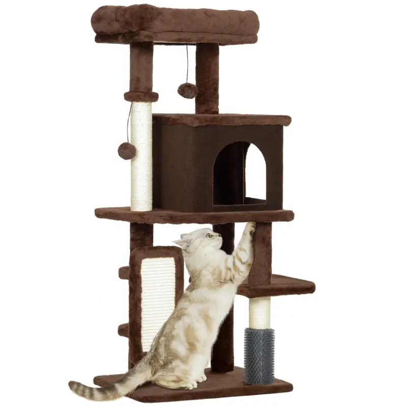 Árbol Rascador para Gatos 104 cm con Plataformas Poste con Cepillo Bolas Colgantes y Almohadilla para Rascar Marrón