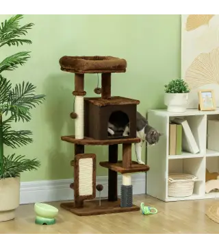 Árbol Rascador para Gatos 104 cm con Plataformas Poste con Cepillo Bolas Colgantes y Almohadilla para Rascar Marrón