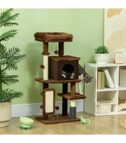Árbol Rascador para Gatos 104 cm con Plataformas Poste con Cepillo Bolas Colgantes y Almohadilla para Rascar Marrón