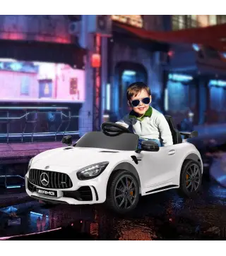 Coche Eléctrico para Niños de +3 Años Mercedes-Benz AMG GTR con Batería 12V Mando a Distancia Faros Bocina Música Blanco