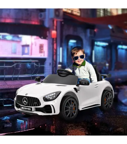 Coche Eléctrico para Niños de +3 Años Mercedes-Benz AMG GTR con Batería 12V Mando a Distancia Faros Bocina Música Blanco