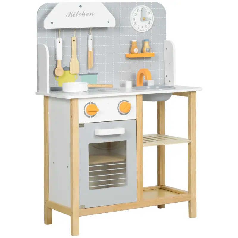 Cocinita Infantil Cocinita de Madera Infantil con Sonido Fogón Horno Grifo Fregadero y Accesorios de Cocina Gris