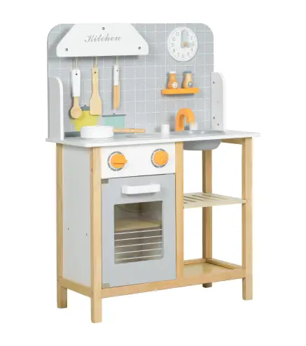 Cocinita Infantil Cocinita de Madera Infantil con Sonido Fogón Horno Grifo Fregadero y Accesorios de Cocina Gris