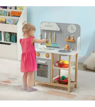 Cocinita Infantil Cocinita de Madera Infantil con Sonido Fogón Horno Grifo Fregadero y Accesorios de Cocina Gris
