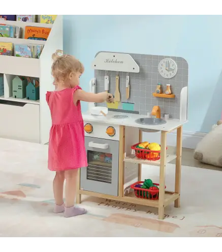 Cocinita Infantil Cocinita de Madera Infantil con Sonido Fogón Horno Grifo Fregadero y Accesorios de Cocina Gris