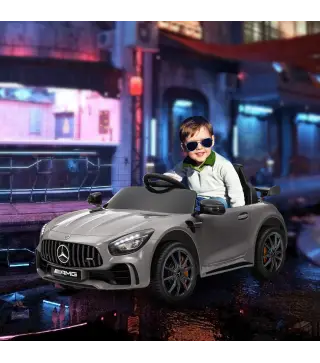 Coche Eléctrico para Niños de +3 Años Mercedes-Benz AMG GTR con Batería 12V Mando a Distancia Faros Bocina Música Plata