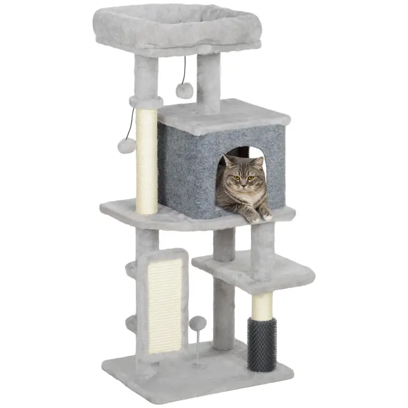 Árbol Rascador para Gatos Altura 104 cm con Plataformas Poste con Cepillo Bolas Colgantes y Almohadilla para Rascar Gris