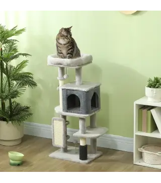 Árbol Rascador para Gatos Altura 104 cm con Plataformas Poste con Cepillo Bolas Colgantes y Almohadilla para Rascar Gris