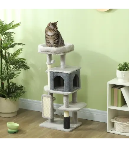 Árbol Rascador para Gatos Altura 104 cm con Plataformas Poste con Cepillo Bolas Colgantes y Almohadilla para Rascar Gris