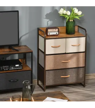 Cómoda para Dormitorio con 4 Cajones Plegables Parte Superior de Madera y Marco Metálico 58x29x78,5 cm Multicolor