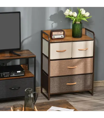 Cómoda para Dormitorio con 4 Cajones Plegables Parte Superior de Madera y Marco Metálico 58x29x78,5 cm Multicolor