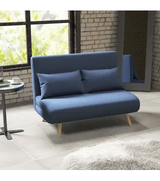 Sofá Cama de 2 Plazas Tapizado Tipo Lino con Respaldo Ajustable en 5 Posiciones y 2 Almohadas 120x75x85 cm Azul Oscuro