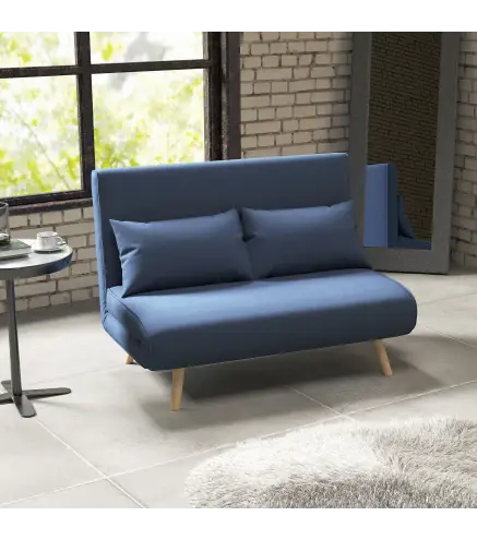 Sofá Cama de 2 Plazas Tapizado Tipo Lino con Respaldo Ajustable en 5 Posiciones y 2 Almohadas 120x75x85 cm Azul Oscuro