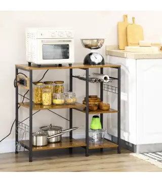 Estantería de Cocina con Toma de Corriente Estantes Ajustables Ganchos y Cesta Metálica 90x40x83 cm Marrón Rústico