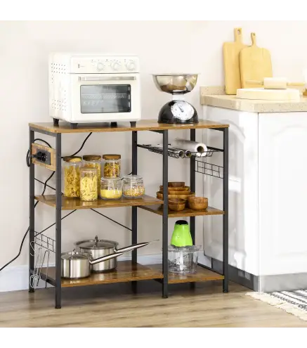 Estantería de Cocina con Toma de Corriente Estantes Ajustables Ganchos y Cesta Metálica 90x40x83 cm Marrón Rústico