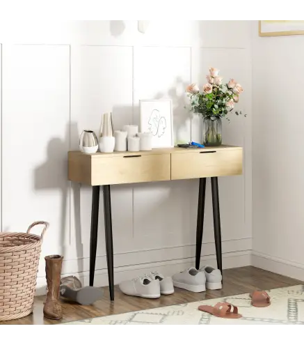 Mueble para Recibidor con 2 Cajones y Patas de Acero para Recibidor Entrada Pasillo 100x30x80,5 cm Roble