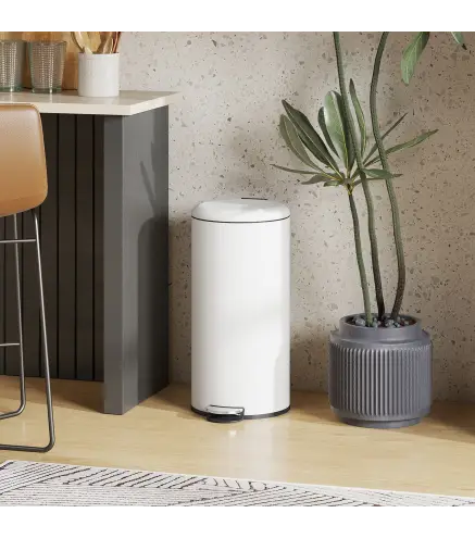 Papelera de Cocina 30L con Pedal Tapa de Cierre Suave y Cubo Extraíble para Dormitorio Oficina Estudio Salón Crema