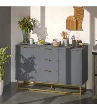 Aparador para Salón con 3 Cajones 2 Puertas y Estante Ajustable Mueble Auxiliar para Salón Antivuelco 120x40x76 cm Gris