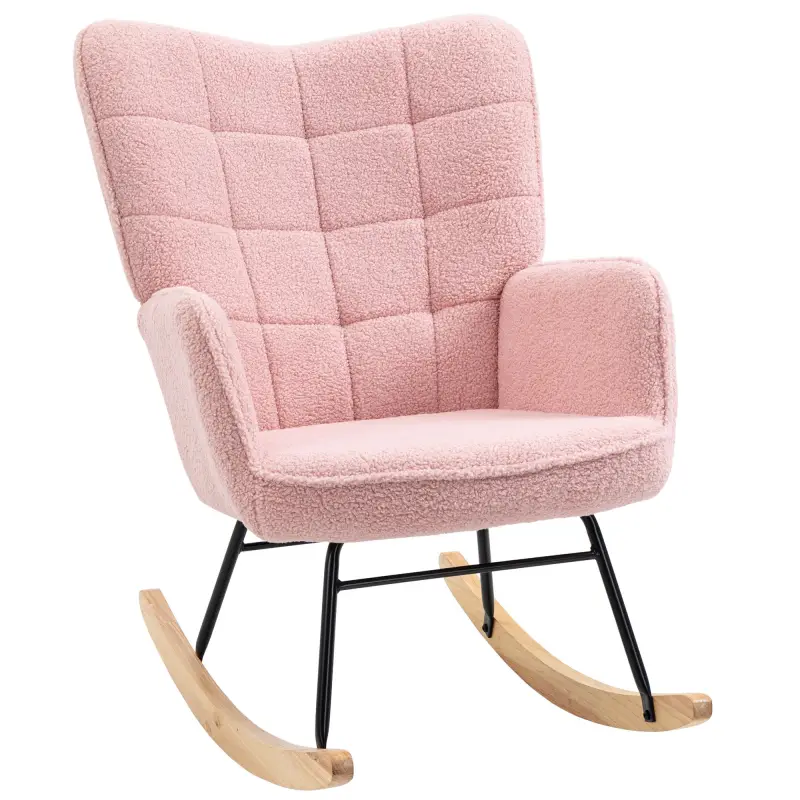 Silla Mecedora de Borreguito Sillón Balancín Oscilante 40° con Patas de Madera de Haya Carga 120 kg 71x98x101 cm Rosa