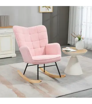 Silla Mecedora de Borreguito Sillón Balancín Oscilante 40° con Patas de Madera de Haya Carga 120 kg 71x98x101 cm Rosa