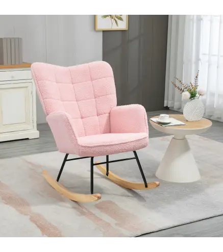 Silla Mecedora de Borreguito Sillón Balancín Oscilante 40° con Patas de Madera de Haya Carga 120 kg 71x98x101 cm Rosa