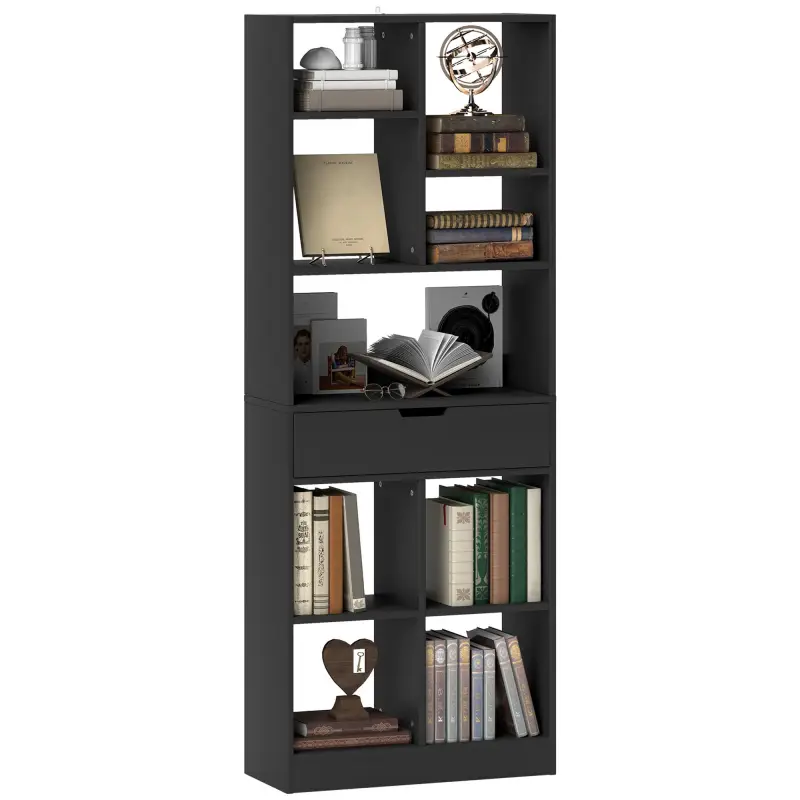 Estantería para Libros con 1 Cajón y 9 Compartimentos Mueble Librería para Salón Oficina Estudio 60x26x158cm Negro