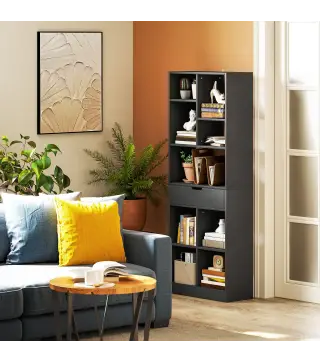 Estantería para Libros con 1 Cajón y 9 Compartimentos Mueble Librería para Salón Oficina Estudio 60x26x158cm Negro