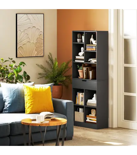 Estantería para Libros con 1 Cajón y 9 Compartimentos Mueble Librería para Salón Oficina Estudio 60x26x158cm Negro