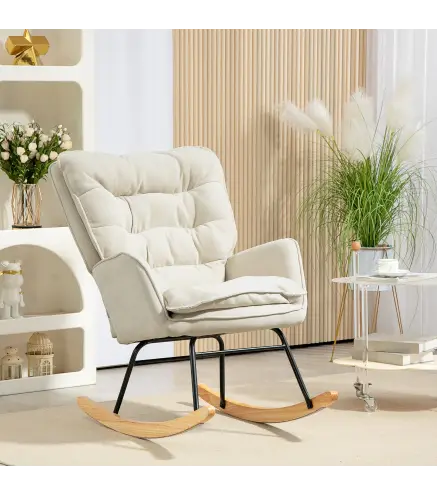 Silla Mecedora con Patas de Madera de Haya y Reposabrazos Mecedora para Lactancia Carga 120 kg para Dormitorio Beige
