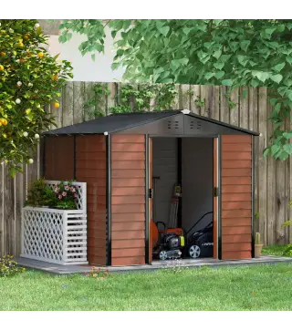 Cobertizo de Jardín Exterior 4,4 m² 240x206x198 cm con Base Puerta Corredera y Cerradura Armario para Jardín Teca