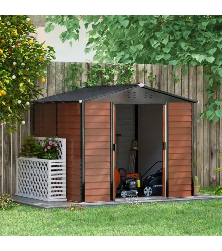 Cobertizo de Jardín Exterior 4,4 m² 240x206x198 cm con Base Puerta Corredera y Cerradura Armario para Jardín Teca