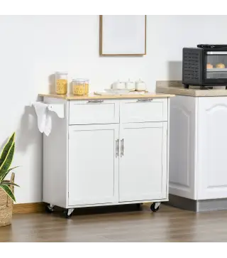 Mueble Auxiliar de Cocina con Ruedas 2 Cajones 2 Puertas Estante Ajustable y Toallero 104x46x91 cm Blanco