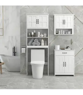 Mueble sobre Inodoro con 2 Puertas Estantes Abiertos y Estante Ajustable Mueble para Baño 66x23x178 cm Blanco