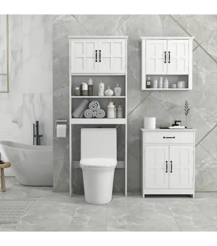 Mueble sobre Inodoro con 2 Puertas Estantes Abiertos y Estante Ajustable Mueble para Baño 66x23x178 cm Blanco
