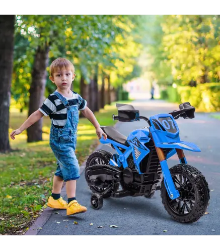 Moto Eléctrica para Niños de +3 Años Moto de Batería para Niños 12V con Ruedas Auxiliar y Bocina Carga 30 kg Azul