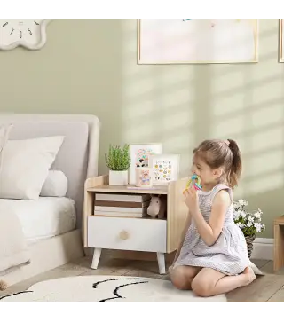 Mesita de Noche para Niños de +3 Años con Cajón y Bordes Redondeados para Dormitorio Roble y Blanco